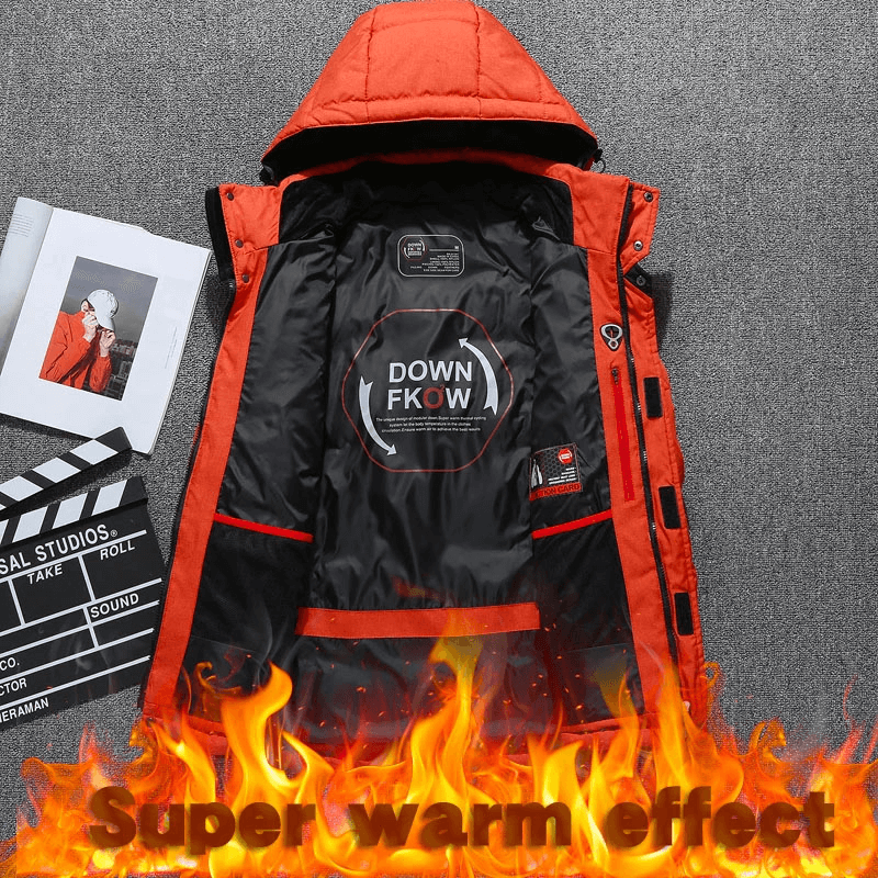 Warm Windproof Waterproof Outdoor Sports Ski Suit SF1783 with fire graphic for super warmth and insulation in orange design.